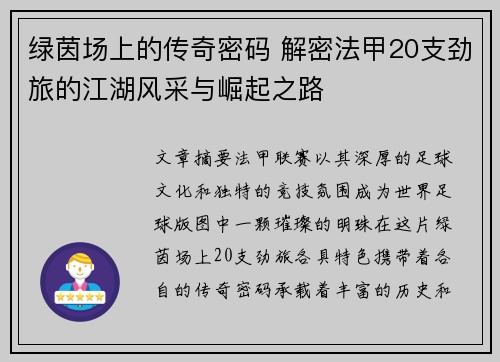 绿茵场上的传奇密码 解密法甲20支劲旅的江湖风采与崛起之路