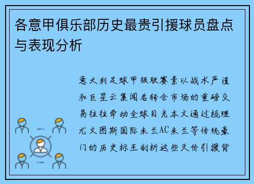 各意甲俱乐部历史最贵引援球员盘点与表现分析